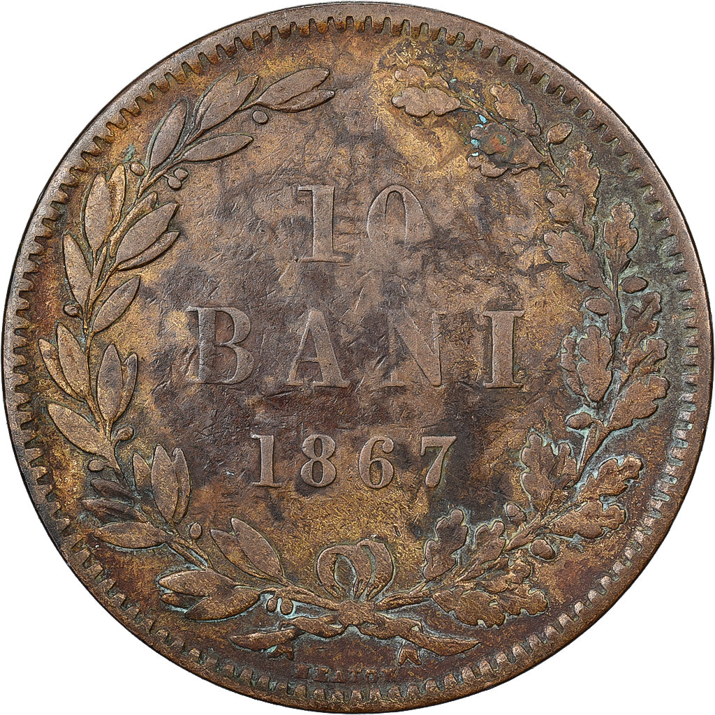 Rumunia, Carol I, 10 Bani, 1867, Miedź, VF(30-35)