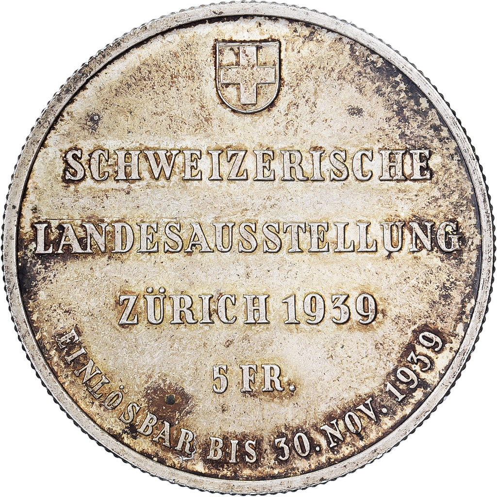 Schweiz, 5 Francs, Zurich Exposition, 1939, Huguenin, Silber, VZ