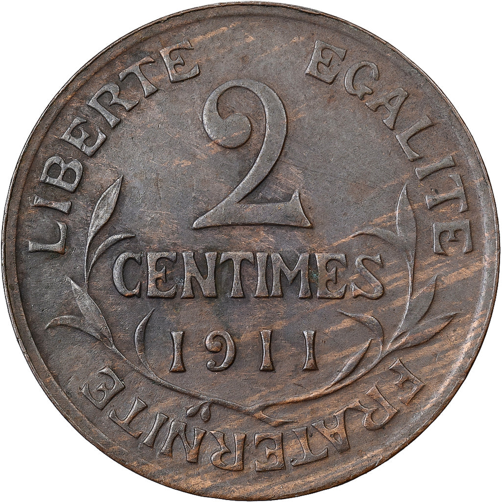 France, 2 Centimes, Daniel-Dupuis, 1911, Paris, Bronze, AU(50-53), Gadoury:107