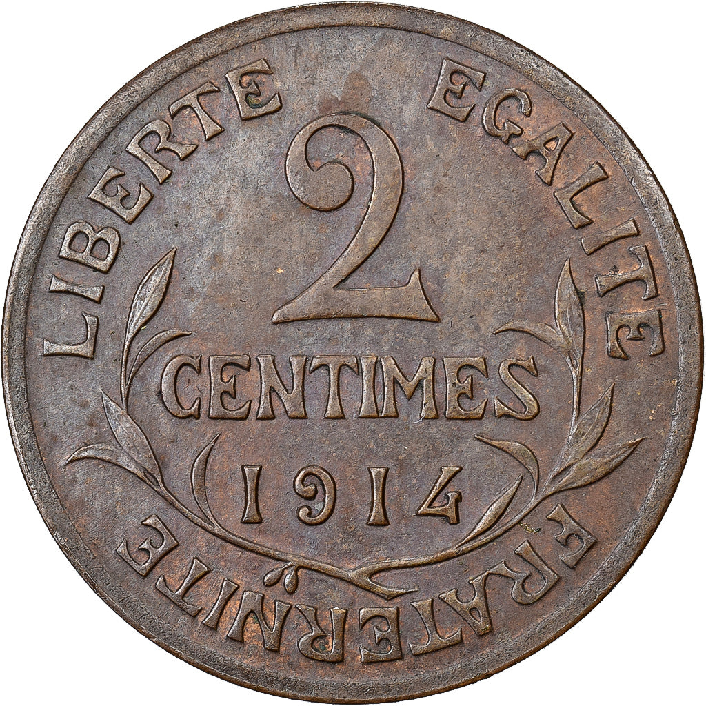 France, 2 Centimes, Daniel-Dupuis, 1914, Paris, Bronze, MS(60-62), Gadoury:107