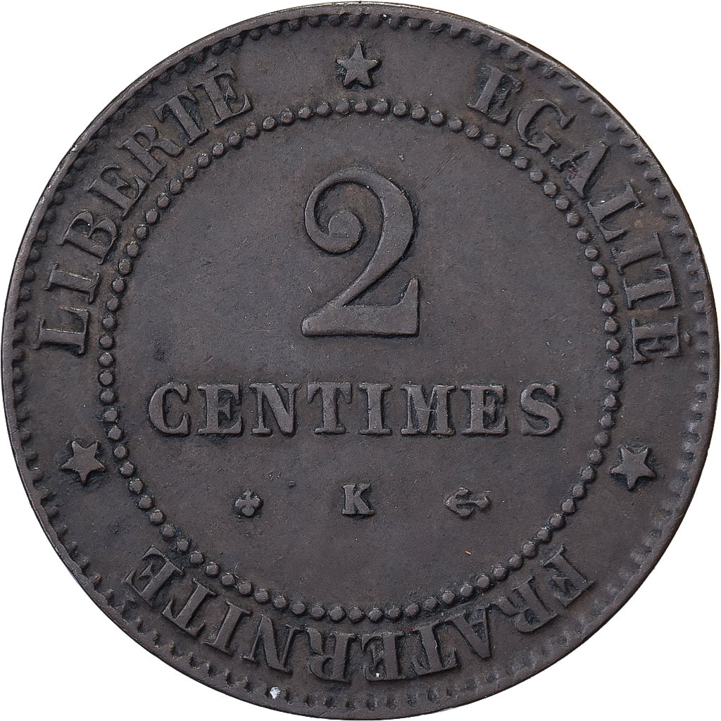 Francia, 2 Centimes, Cérès, 1878, Bordeaux, Small K, Bronce, MBC, Gadoury:105