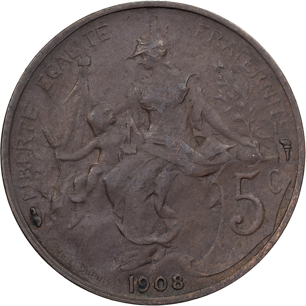 França, 5 Centimes, Daniel-Dupuis, 1908, Paris, Bronze, EF(40-45), Gadoury:165