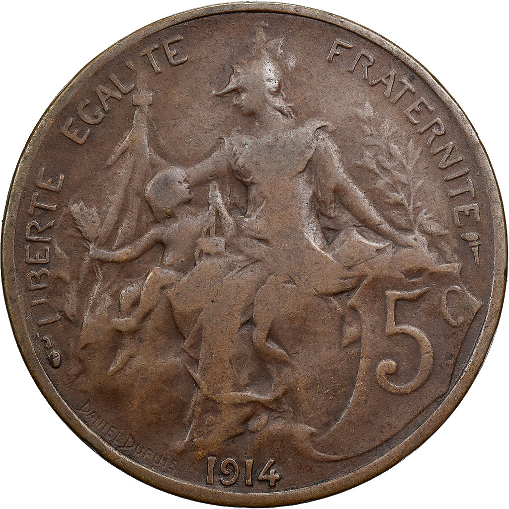 França, 5 Centimes, Daniel-Dupuis, 1914, Paris, Bronze, VF(20-25), Gadoury:165