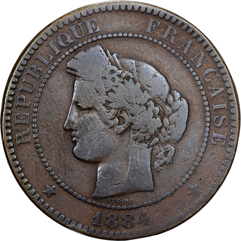 França, 10 Centimes, Cérès, 1884, Paris, Bronze, F(12-15), Gadoury:265a