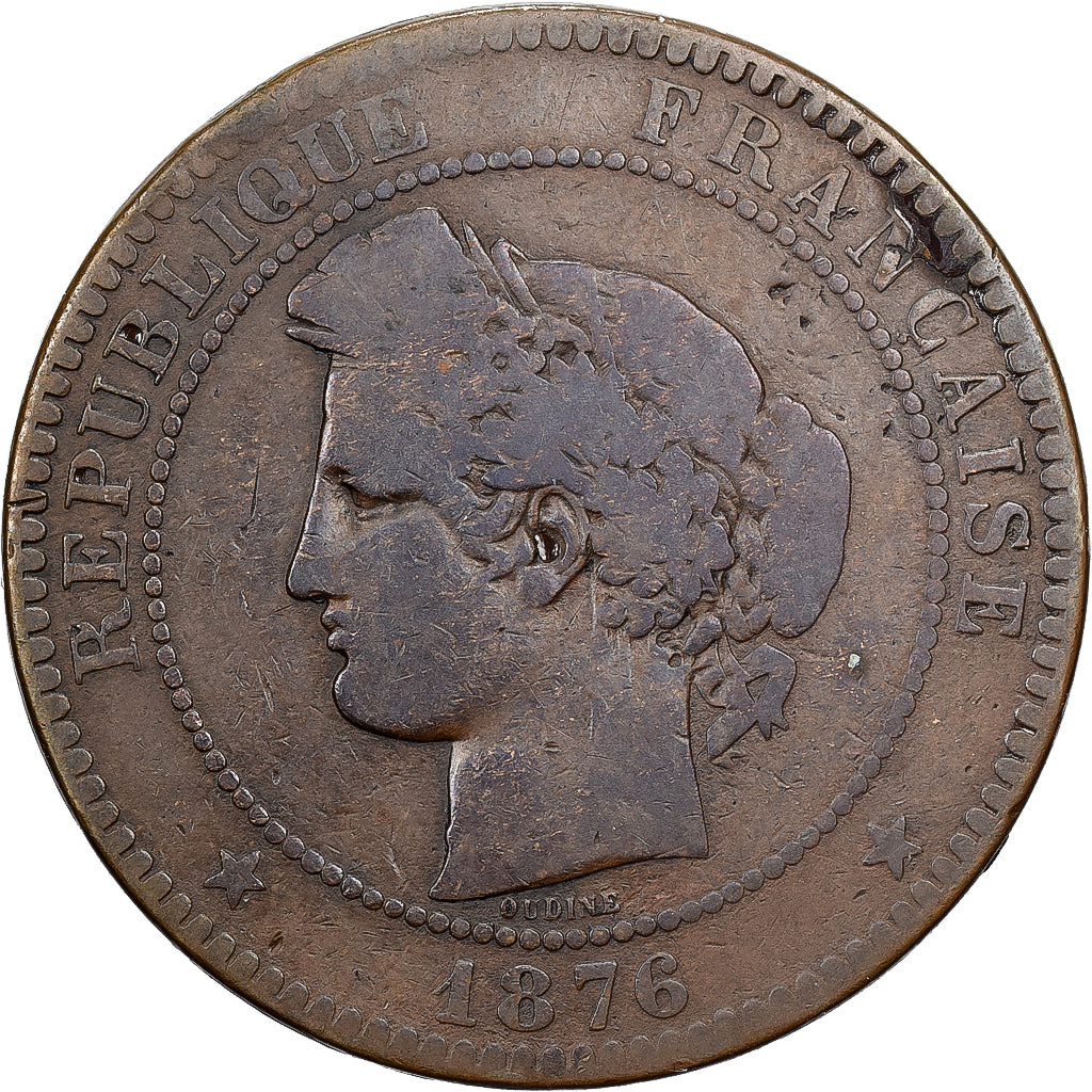 Frankreich, 10 Centimes, Cérès, 1876, Paris, Bronze, SGE+, Gadoury:265a
