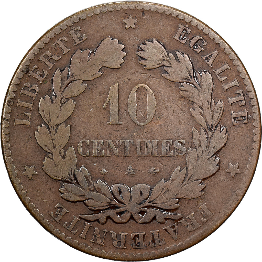 Frankreich, 10 Centimes, Cérès, 1876, Paris, Bronze, SGE+, Gadoury:265a