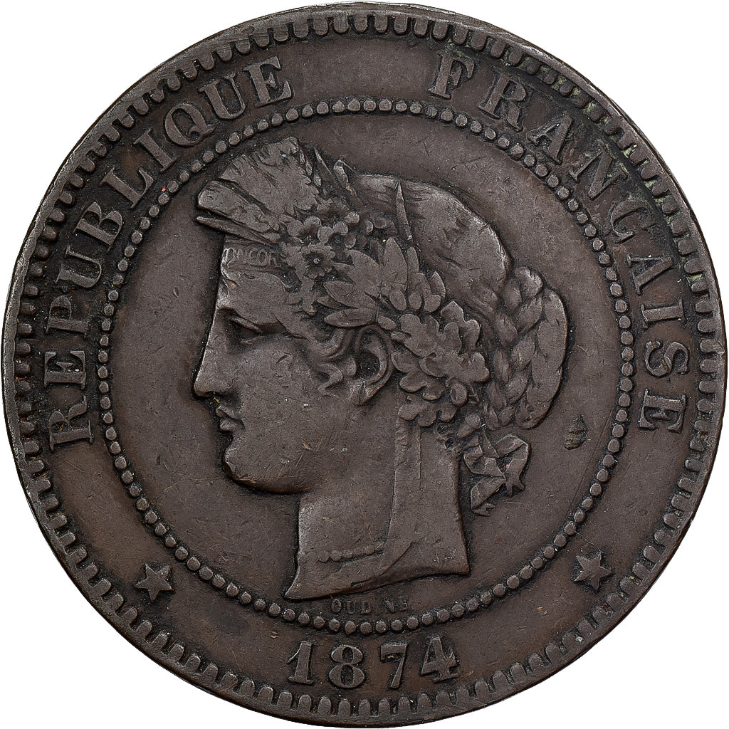 France, 10 Centimes, Cérès, 1874, Paris, Bronze, VF(30-35), Gadoury:265a