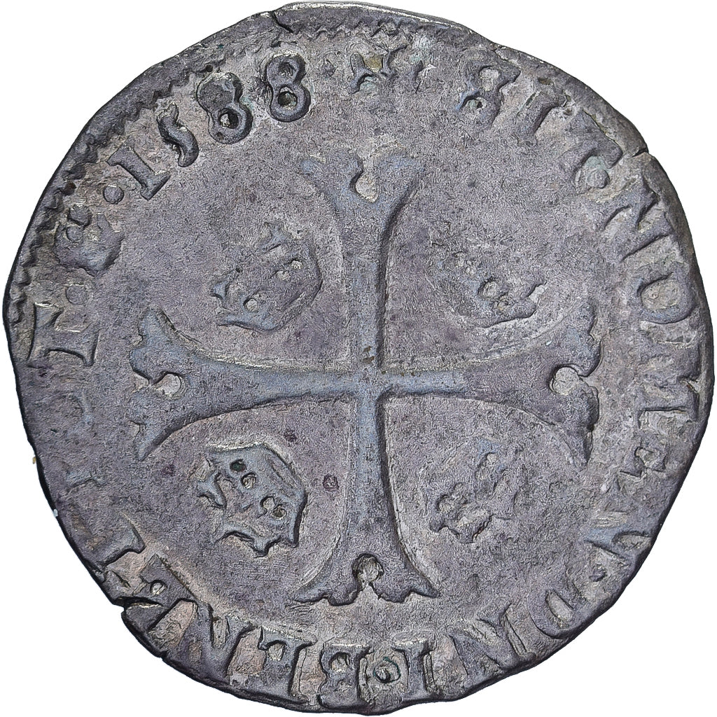 Francia, Henri III, Douzain aux deux H, 1588, Saint-Lô, Vellón, MBC+