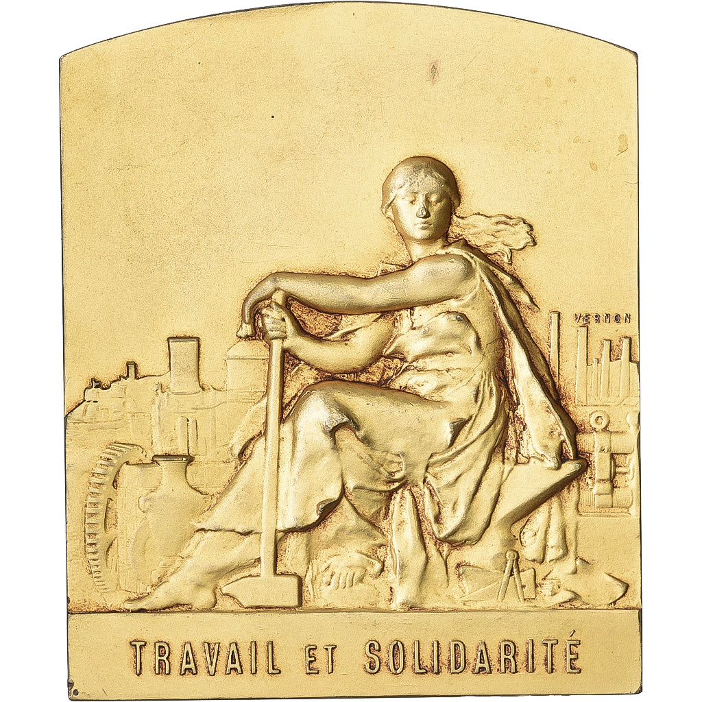 Frankreich, Plaquette, Travail et Solidarité, 1929, Gilt Bronze, Vernon, VZ