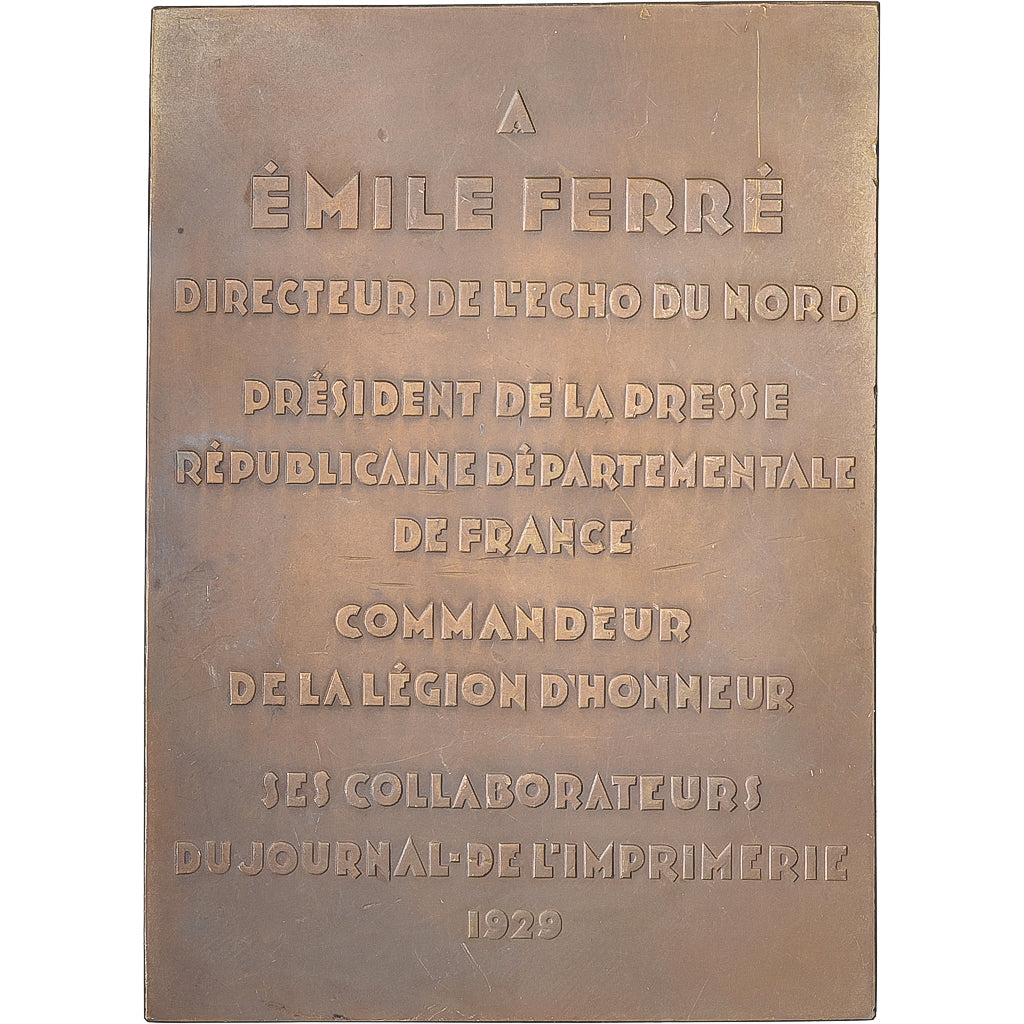 Francia, Plaquette, Émile Ferré, Directeur de l'Écho du Nord, 1929, Bronzo