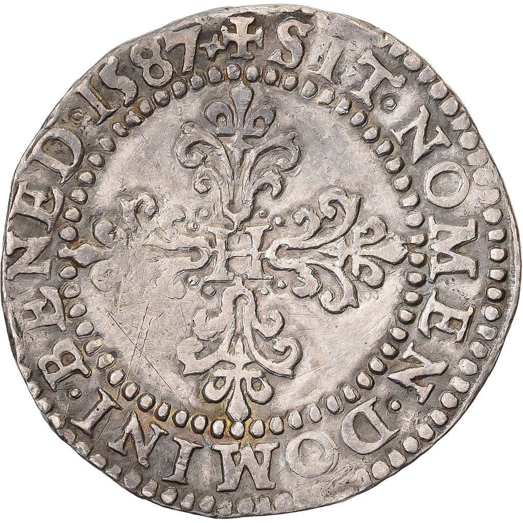 Francia, Henri III, Demi Franc, 1587, Poitiers, Plata, BC+, Gadoury:487