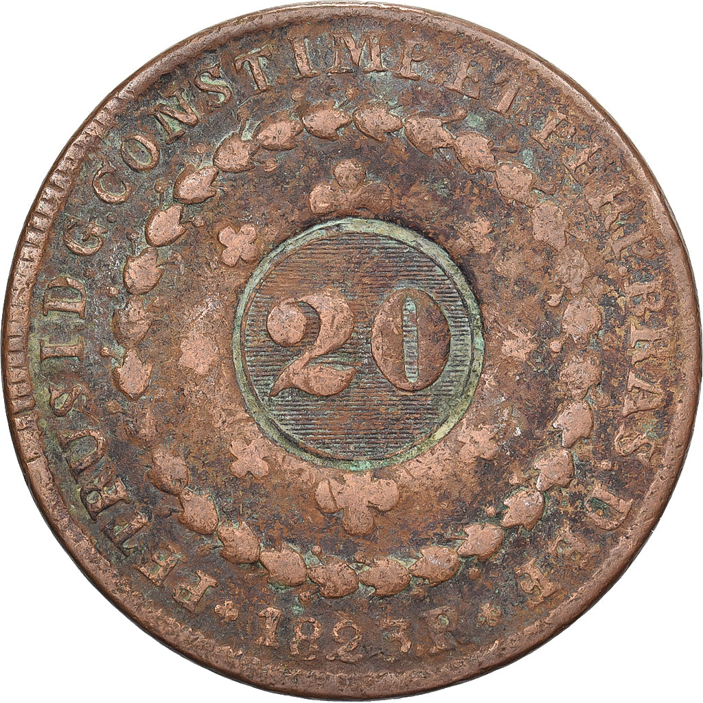 Brasil, Pedro I, 20 Reis, 1823, Rio de Janeiro, Countermarked 40 Reis, Cobre
