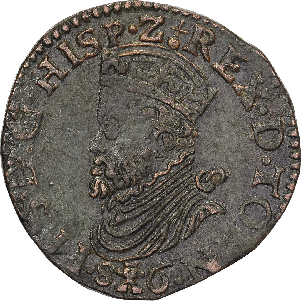 Países Baixos Espanhóis, Philip II, Liard, 1586, Tournai, Cobre, AU(50-53)