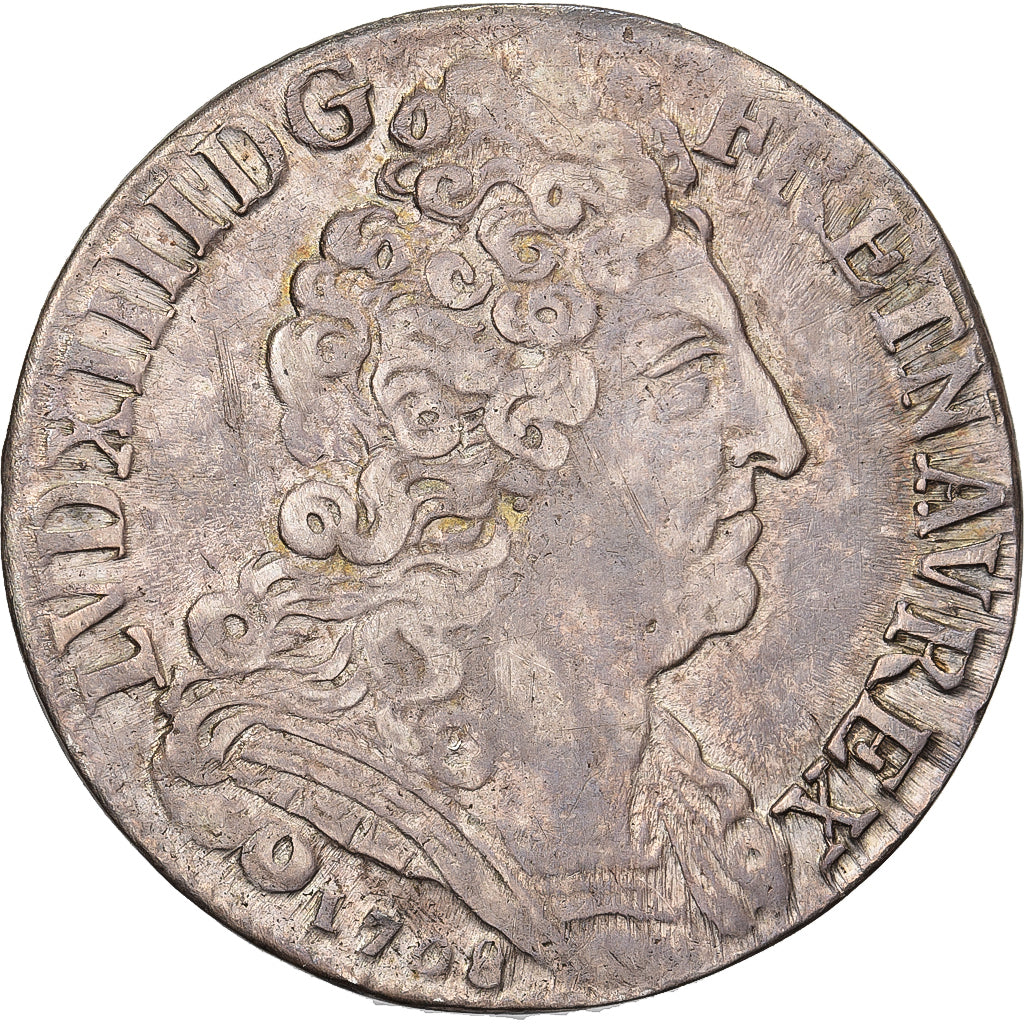 Francia, Louis XIV, 20 Sols aux insignes, 1708, Paris, Plata, MBC, Gadoury:164