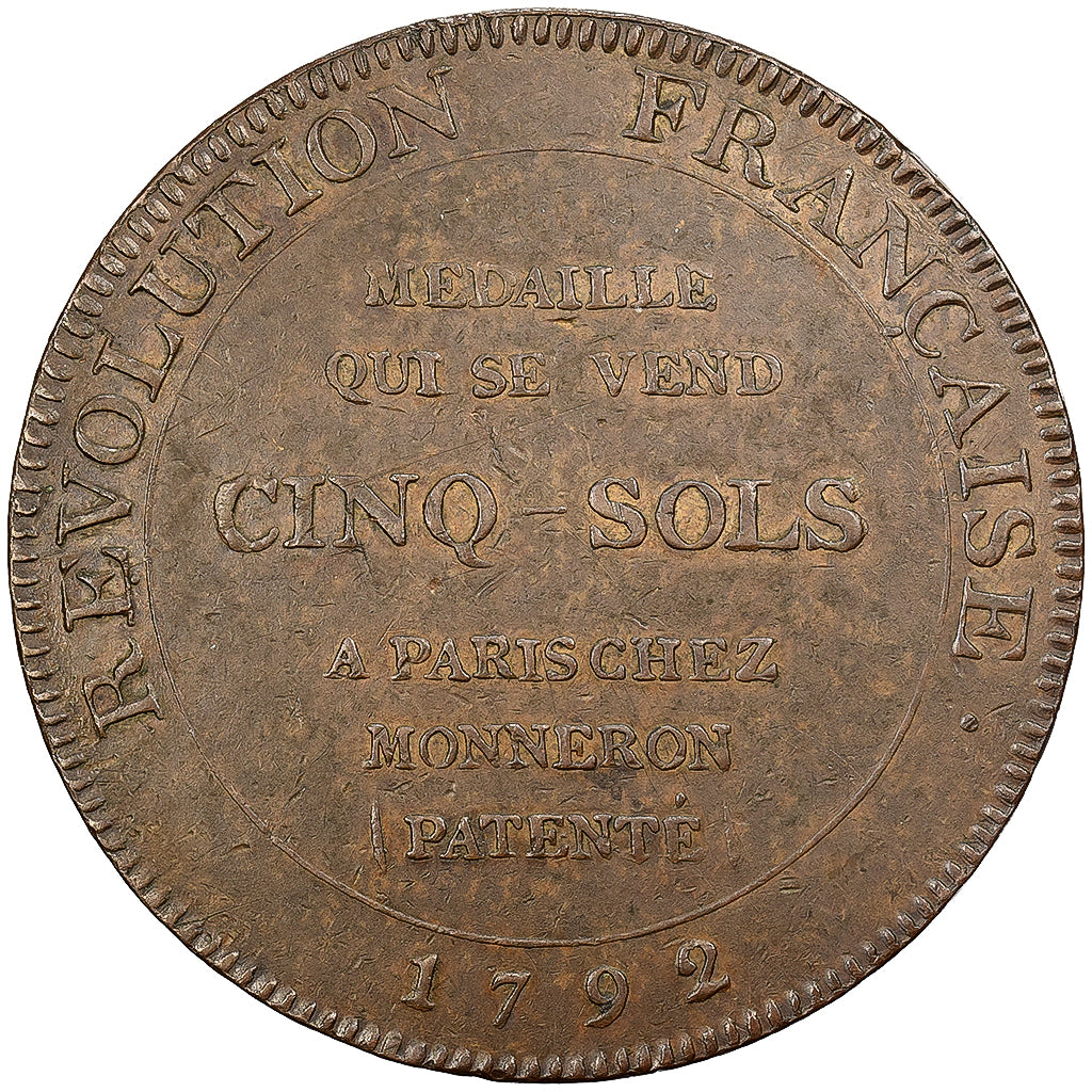 França, 5 Sols, Hercule, 1792 / AN 4, Paris, Bronze, AU(50-53)