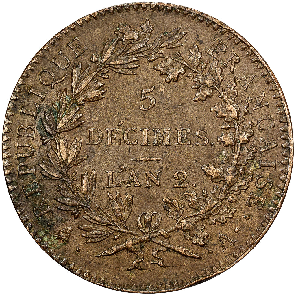 France, 5 Décimes, Régénération, 1793 / An 2, Paris, Bronze, AU(50-53)