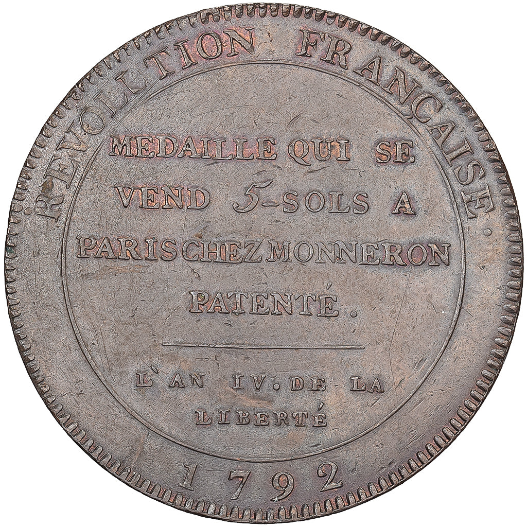 Francia, 5 Sols, Au serment, 1792 / AN 4, Bronzo, BB+