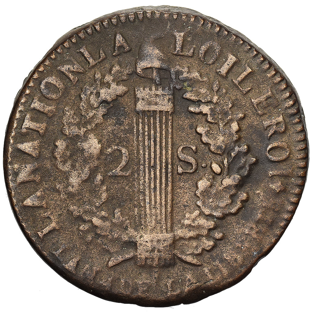 France, Louis XVI, 2 Sols, 1792 / AN 4, Limoges, Cuivre, TB+