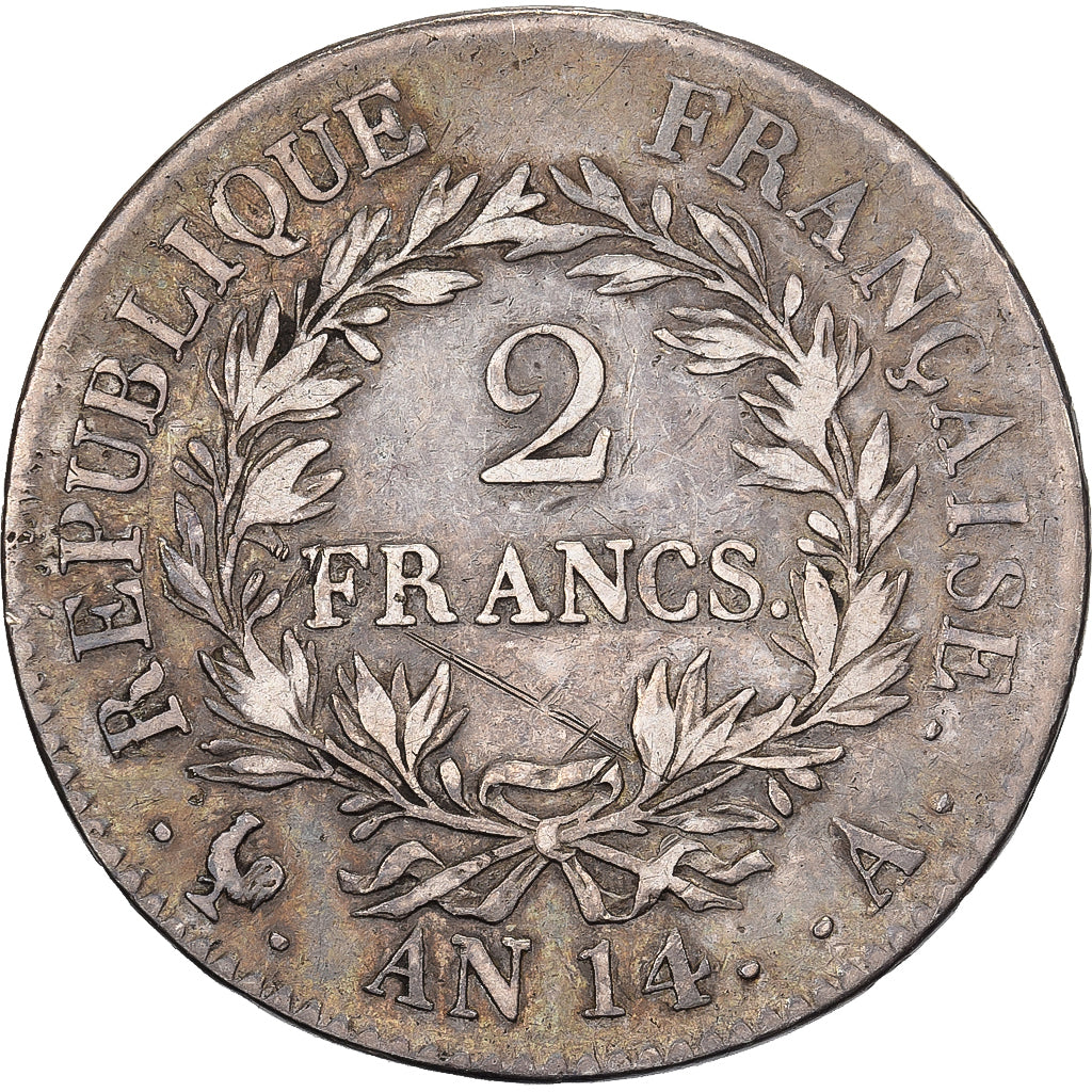 Francia, Napoleon I, 2 Francs, AN 14, Paris, Argento, MB+, Gadoury:495