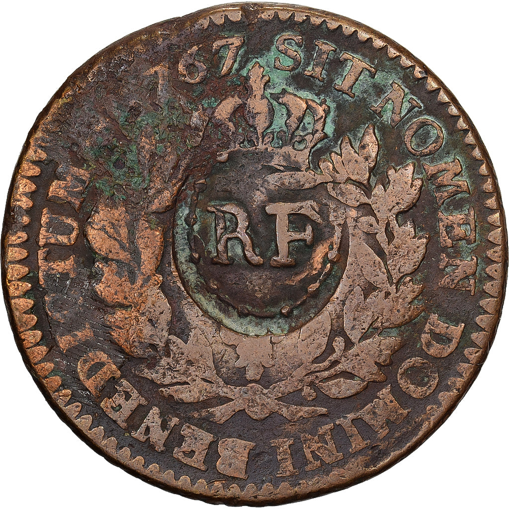 Guadalupe, 3 Sols 9 Deniers, 1793, Paris, Countermarked RF, Bronzo, MB