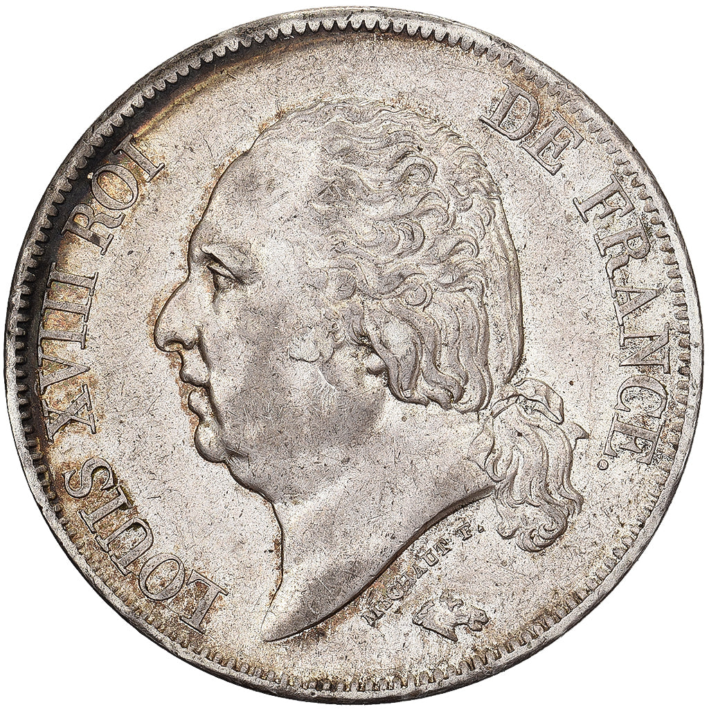 França, Louis XVIII, 5 Francs, 1824, Rouen, Prata, AU(50-53), Gadoury:614