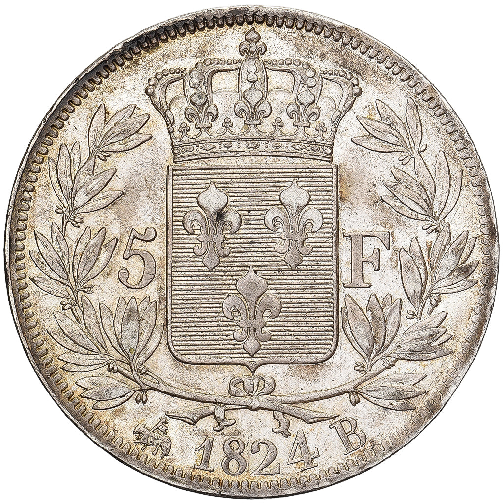 França, Louis XVIII, 5 Francs, 1824, Rouen, Prata, AU(50-53), Gadoury:614