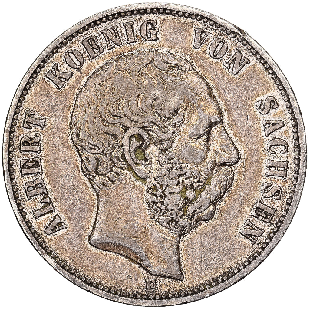 Kingdom of Saxony, Albert I, 5 Mark, 1899, Muldenhütten, Silver, EF(40-45)