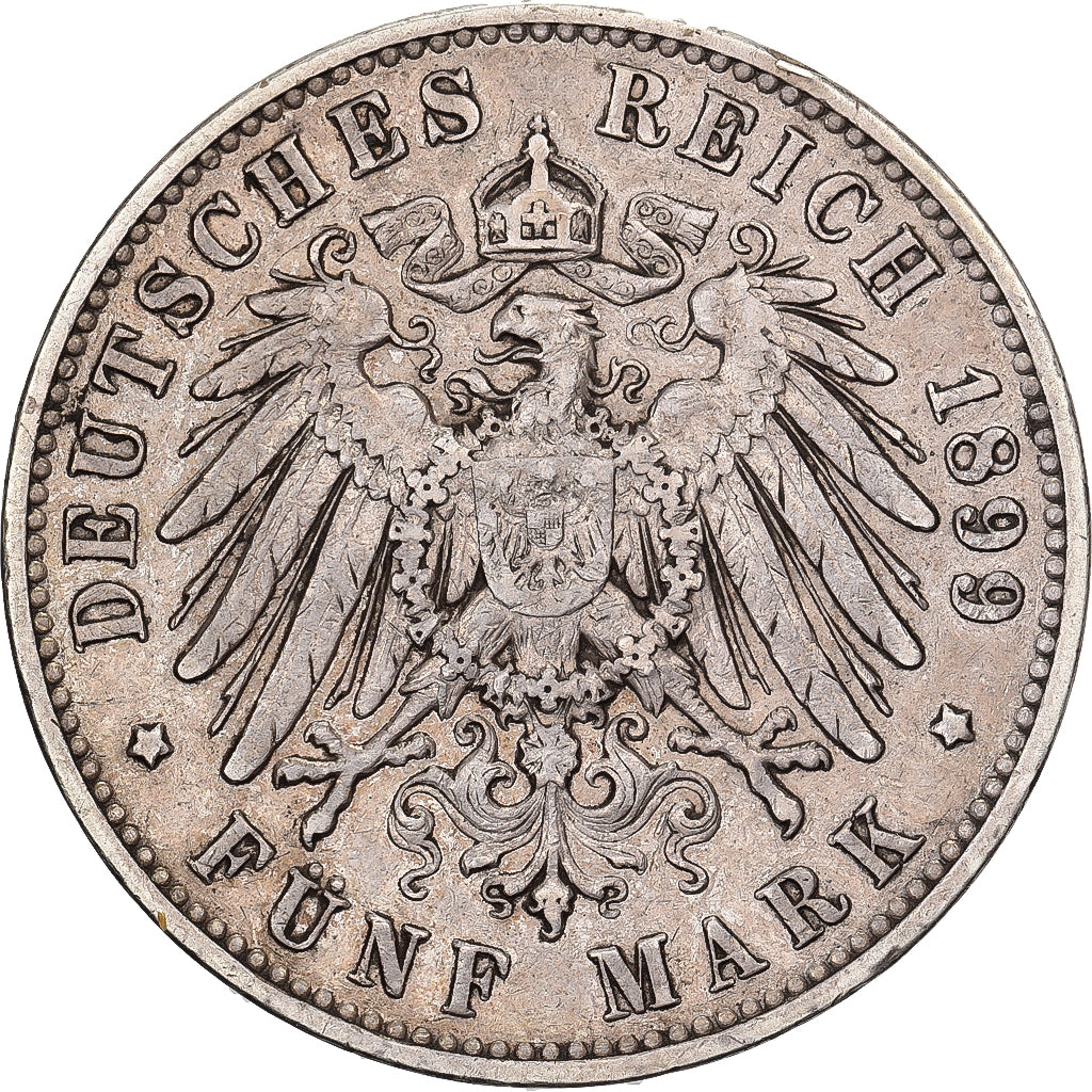 Kingdom of Saxony, Albert I, 5 Mark, 1899, Muldenhütten, Silver, EF(40-45)