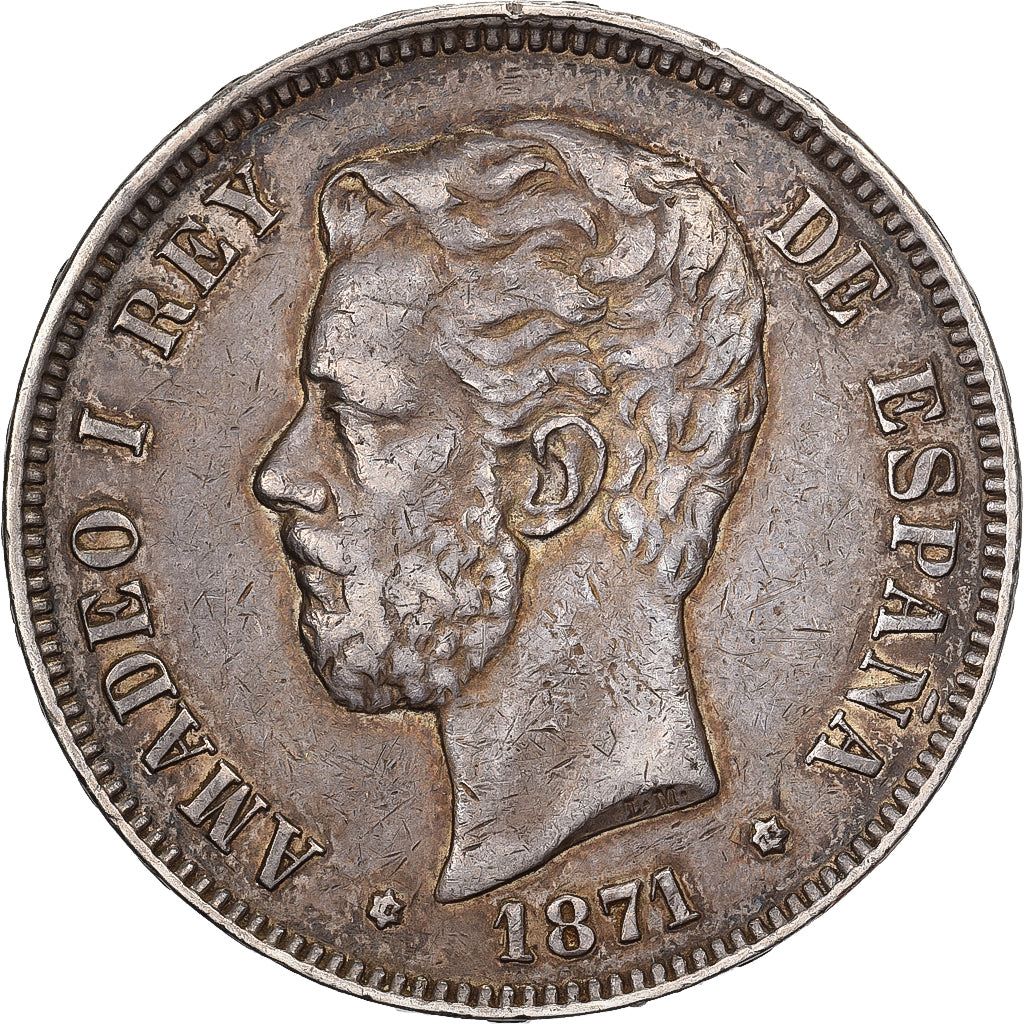 Spanje, Amadeo I, 5 Pesetas, 1875, Madrid, Zilver, ZF+