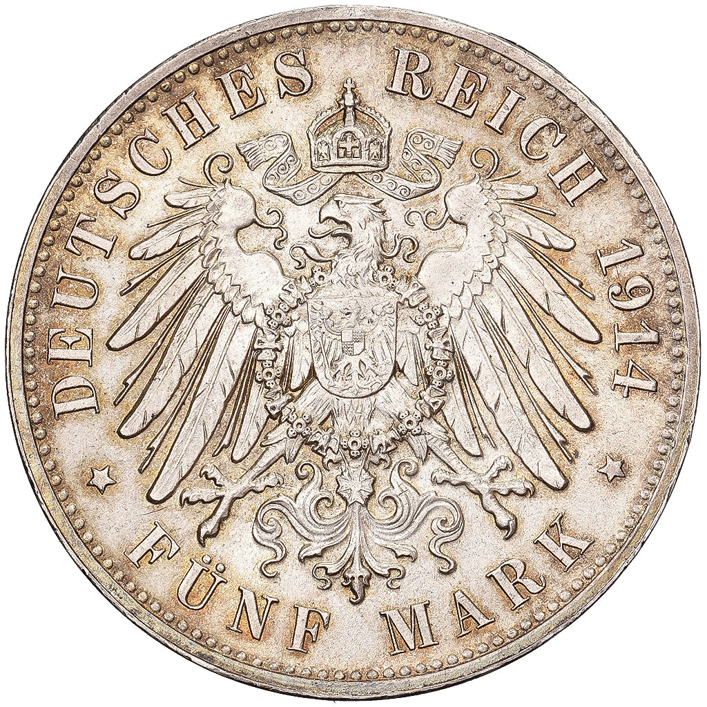Kingdom of Saxony, Friedrich August III, 5 Mark, 1914, Muldenhütten, Argento