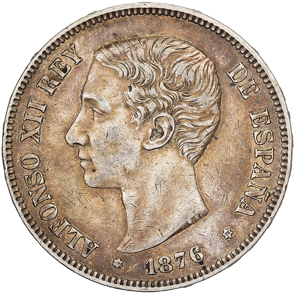 Espanha, Alfonso XII, 5 Pesetas, 1876, Madrid, Prata, AU(50-53)