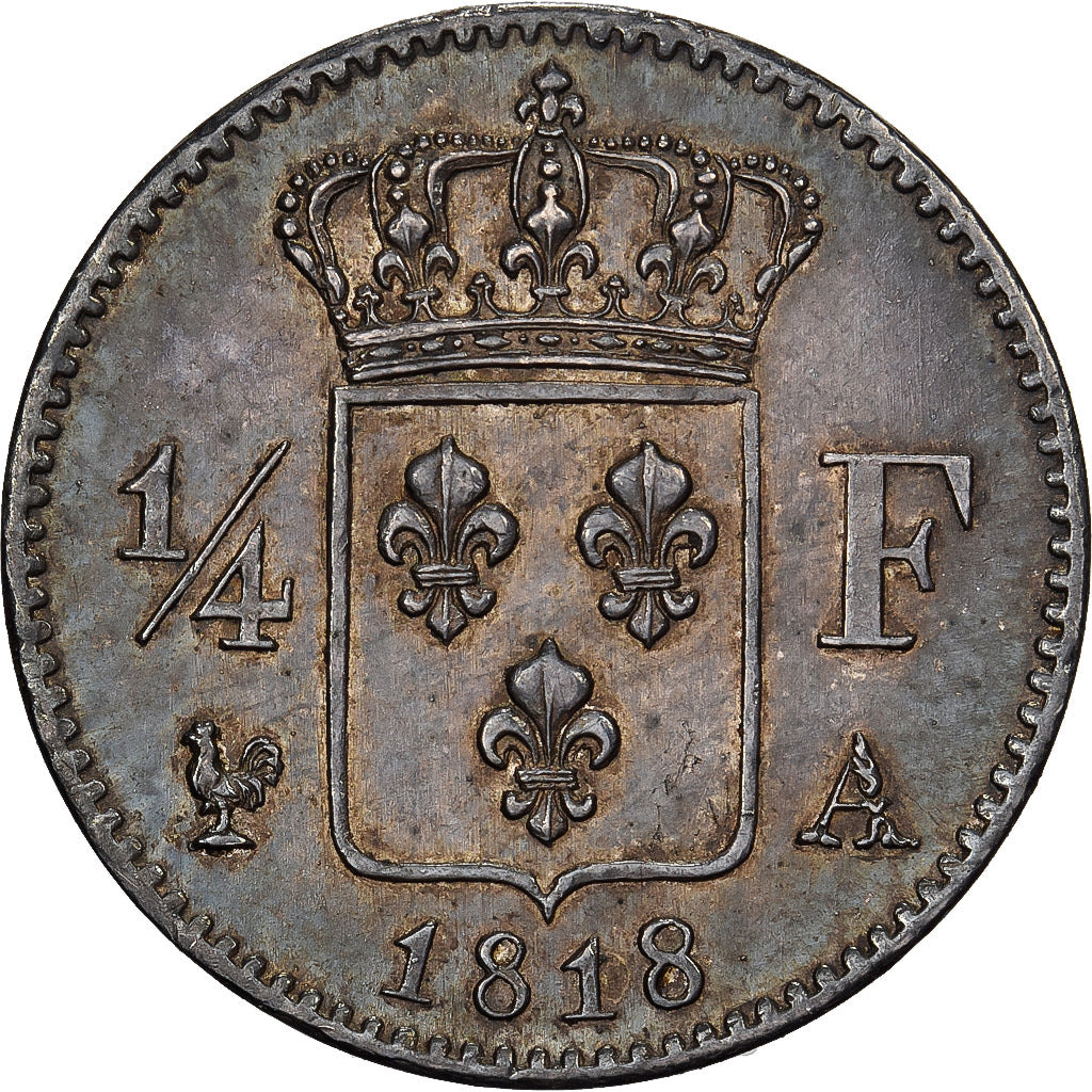 França, Louis XVIII, 1/4 Franc, 1818, Paris, Prata, MS(60-62), Gadoury:352