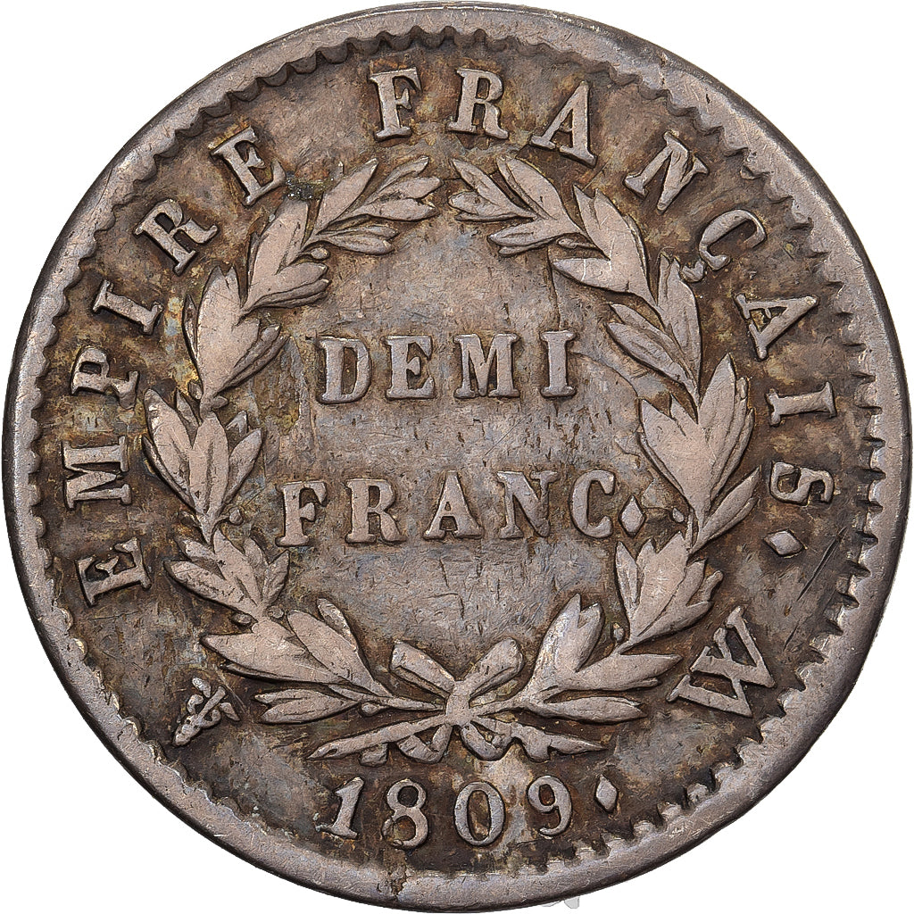 Francia, Napoleon I, Demi Franc, 1809, Lille, Argento, BB, Gadoury:399