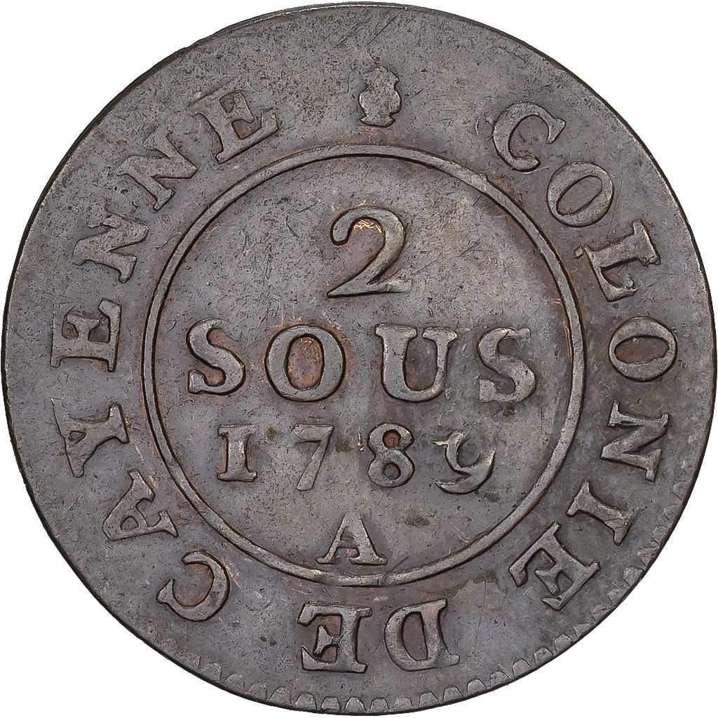 Guinea francese, Cayenne, Louis XVI, 2 Sous, 1789, Paris, Rame, MB+