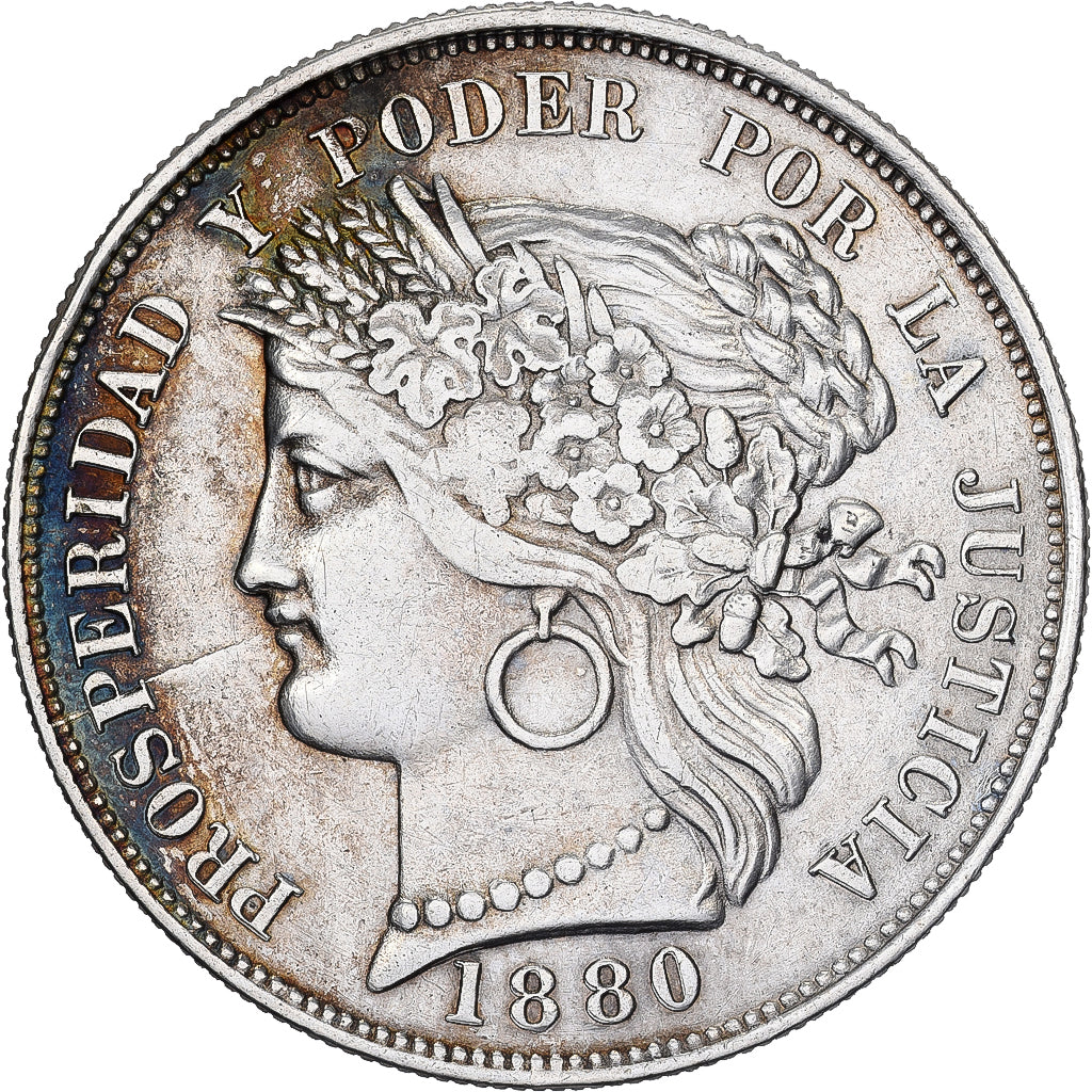 Peru, 5 Pesetas, 1880, Lima, Srebro, AU(50-53)