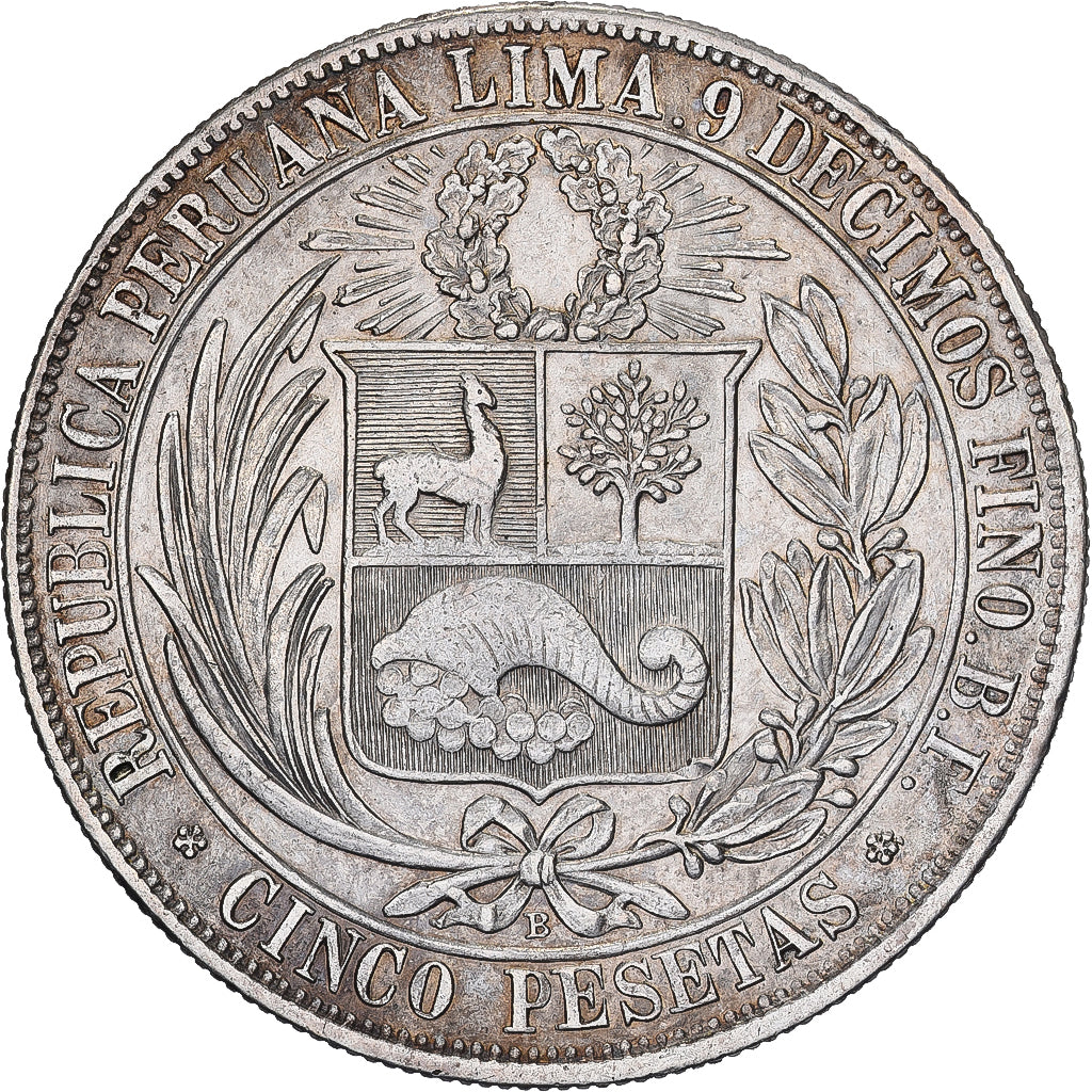 Peru, 5 Pesetas, 1880, Lima, Srebro, AU(50-53)