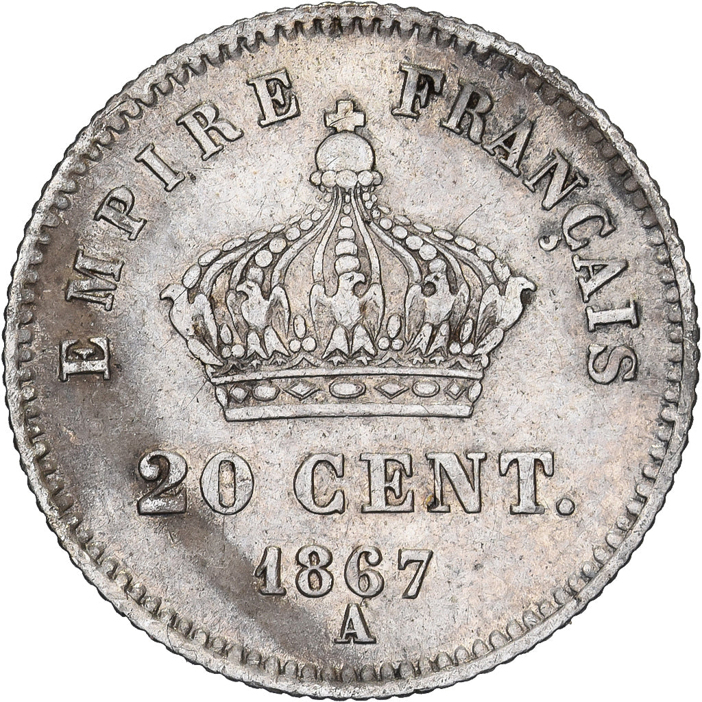 Francja, Napoleon III, 20 Centimes, 1867, Paris, Srebro, AU(50-53), Gadoury:309