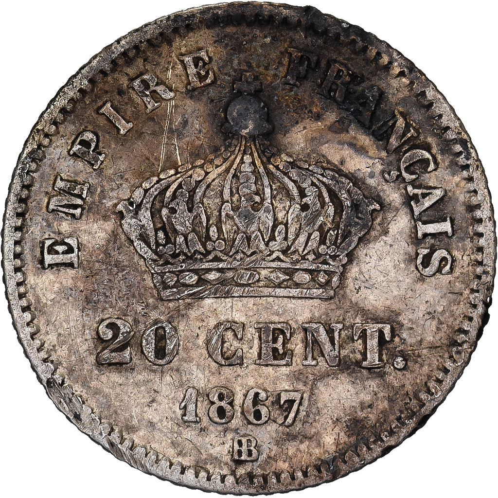 França, Napoleon III, 20 Centimes, 1867, Strasbourg, Prata, EF(40-45)