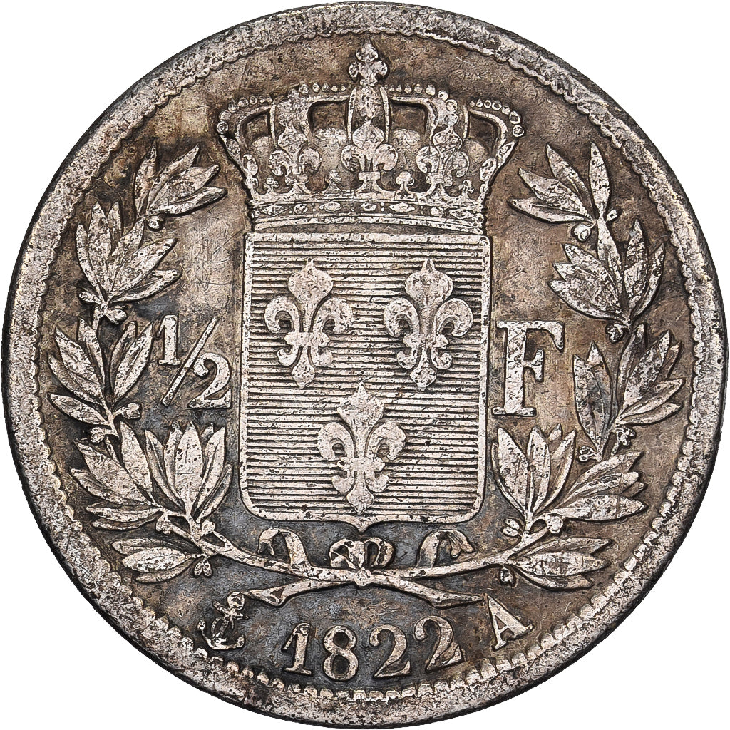 Frankrijk, Louis XVIII, 1/2 Franc, 1822, Paris, Zilver, FR, Gadoury:401