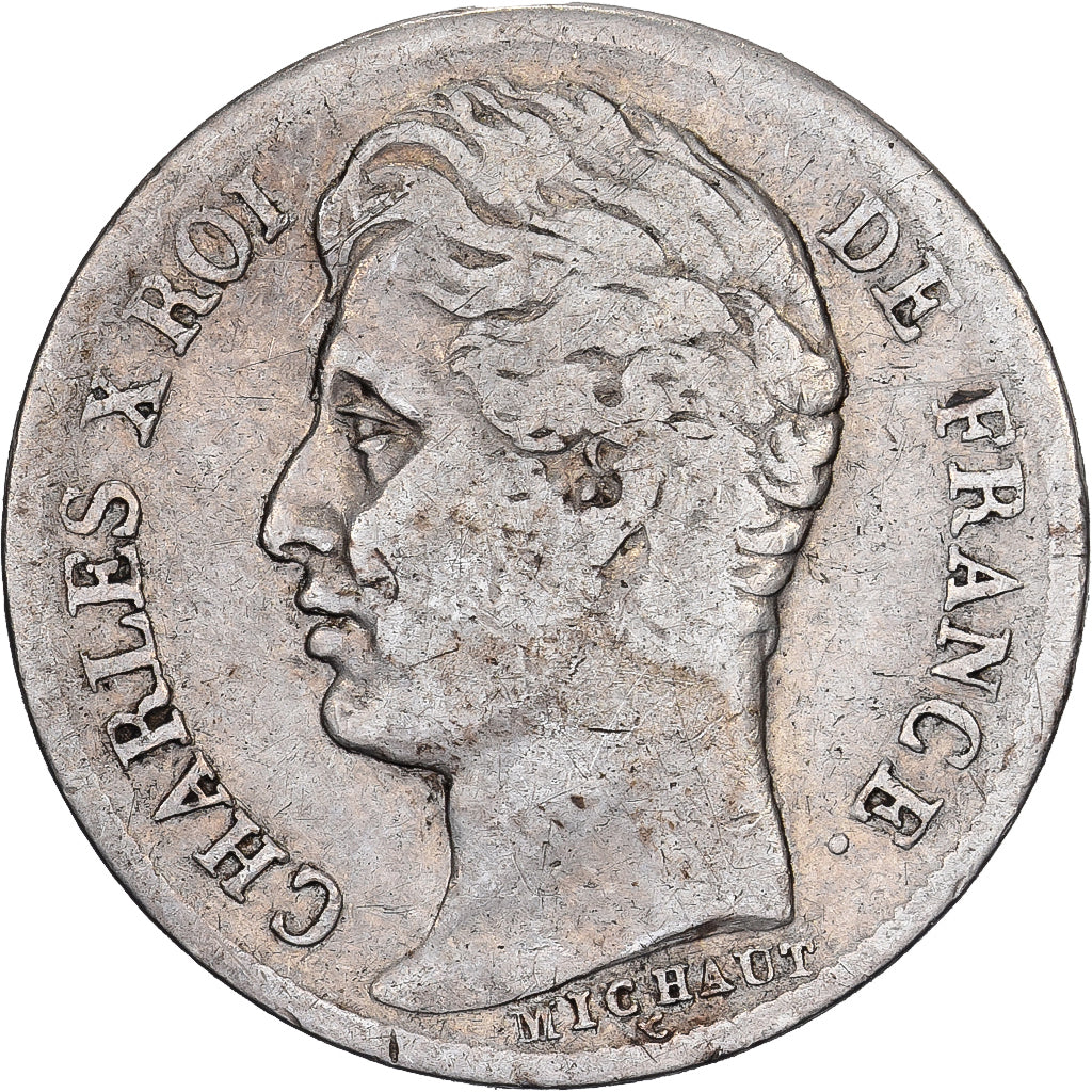 França, Charles X, 1/2 Franc, 1827, La Rochelle, Prata, VF(30-35), Gadoury:402