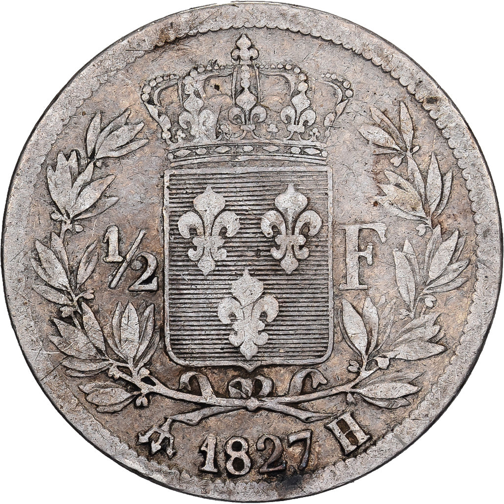 França, Charles X, 1/2 Franc, 1827, La Rochelle, Prata, VF(30-35), Gadoury:402
