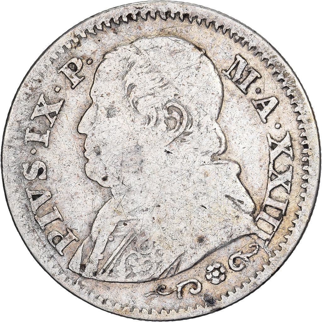 Papal States, Pius IX, 10 Soldi, 1868, Rome, Silver, F(12-15)
