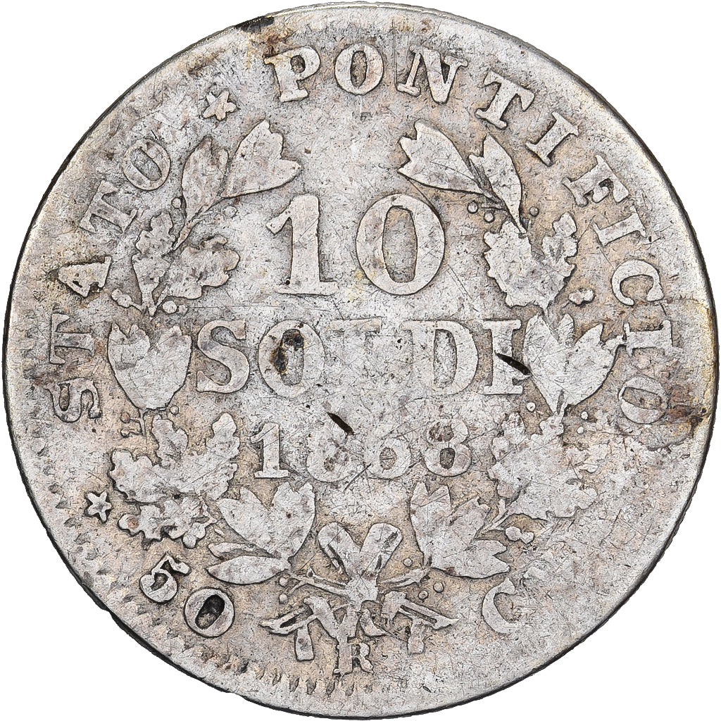 Papal States, Pius IX, 10 Soldi, 1868, Rome, Silver, F(12-15)