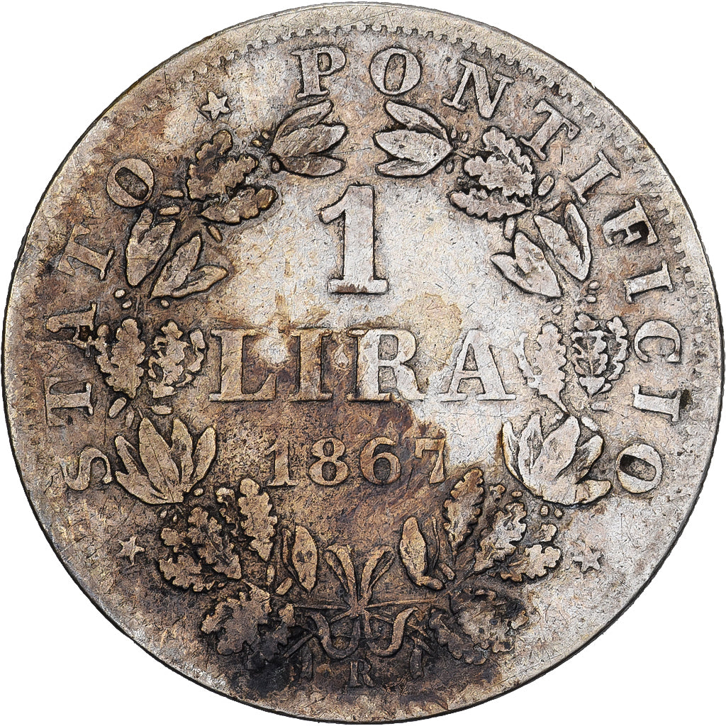 Papal States, Pius IX, 1 Lira, 1867, Rome, Silver, VF(20-25)