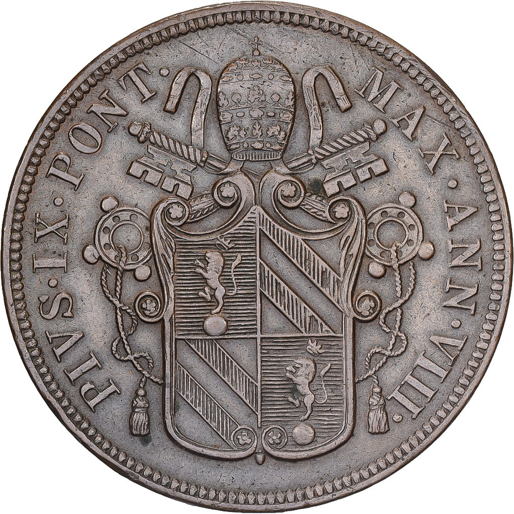 Papal States, Pius IX, 5 Baiocchi, 1854, Rome, Copper, AU(50-53)
