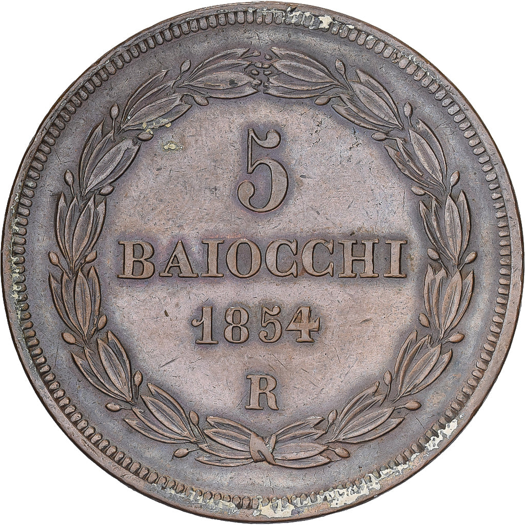 Papal States, Pius IX, 5 Baiocchi, 1854, Rome, Copper, AU(50-53)