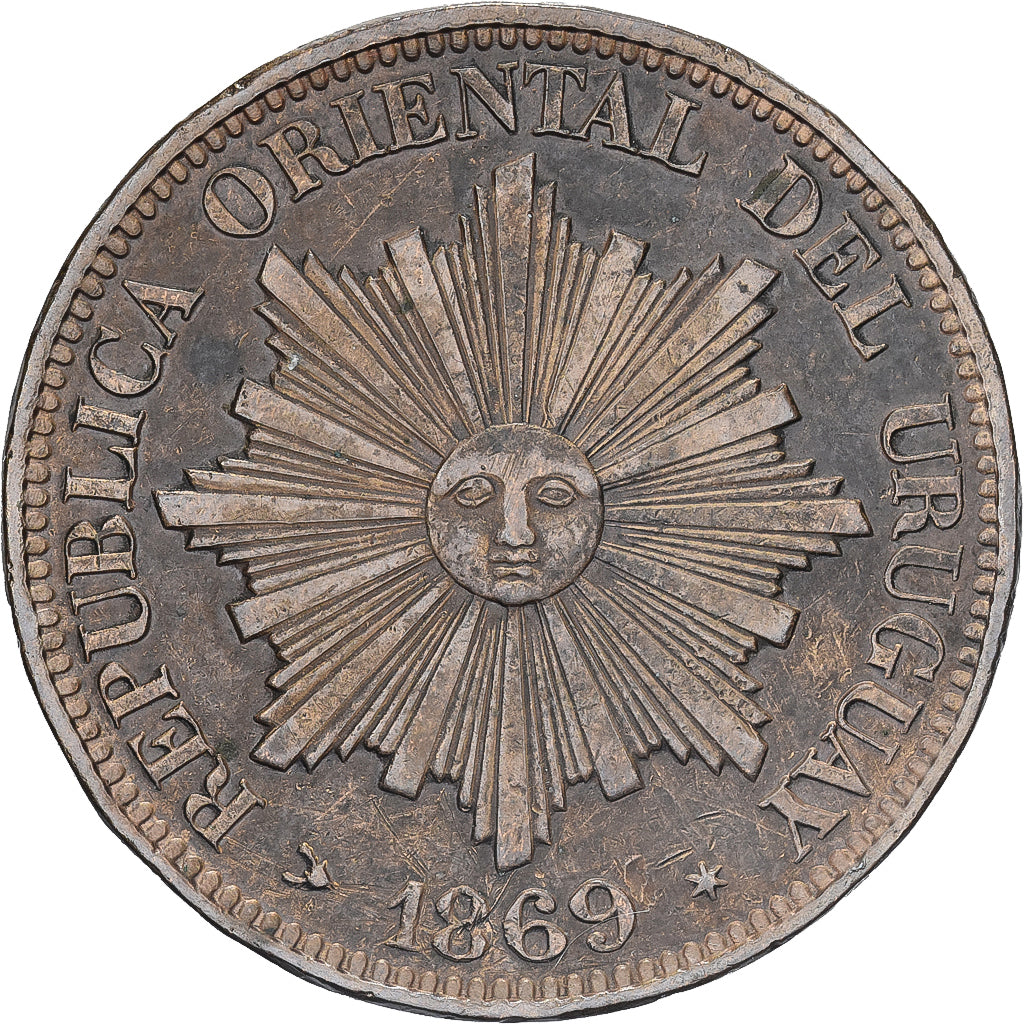 Uruguay, 4 Centesimos, 1869, Birmingham, Copper, AU(50-53)