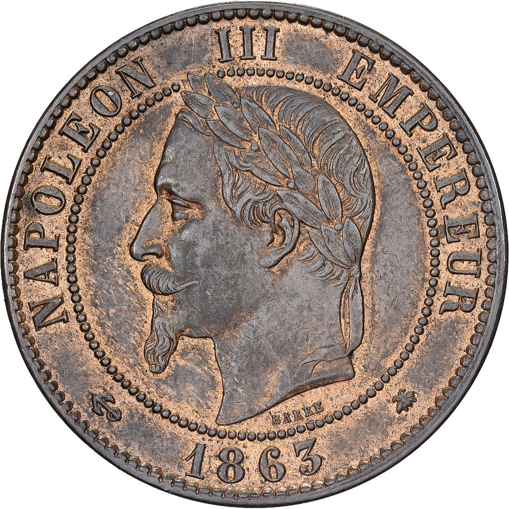 Frankrijk, Napoleon III, 10 Centimes, 1863, Paris, Bronzen, PR+, Gadoury:253