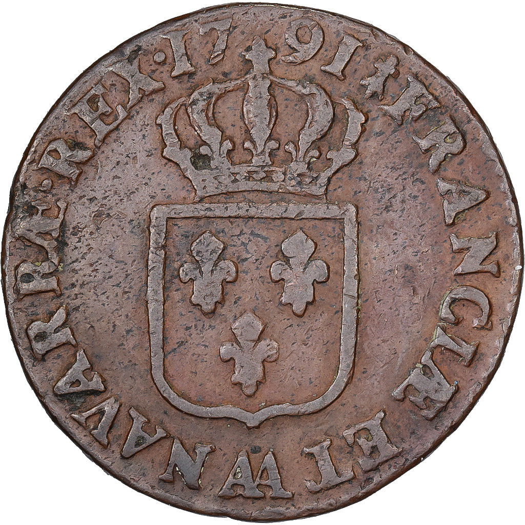 Francja, Louis XVI, Sol, Sol ou sou, 1791, Metz, Miedź, VF(30-35), KM:578.2
