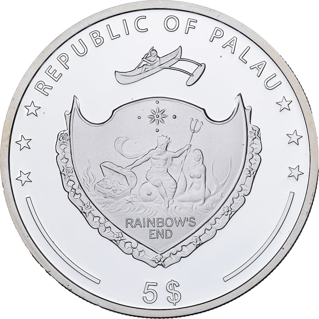 Palau, 5 Dollars, Ford Mustang, 125 Years of Automobile, 2012, Proof, Prata